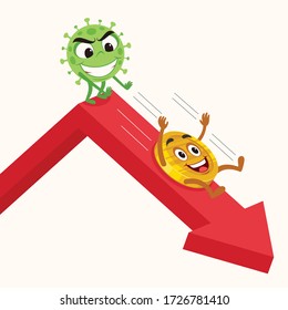 Coronavirus pushing down economy. Coin slide and falling with falling down arrow. Economic crisis created by covid 19 coronavirus. Virus hits market. Shares fall down. Economic fallout. 