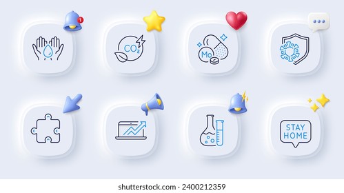 Coronavirus, Puzzle and Co2 gas line icons. Buttons with 3d bell, chat speech, cursor. Pack of Stay home, Safe water, Molybdenum mineral icon. Sales diagram, Chemistry lab pictogram. Vector