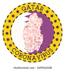 Coronavirus in Qatar sign. Round badge with shape of Qatar. Yellow country lock down emblem with title and virus signs. Vector illustration.