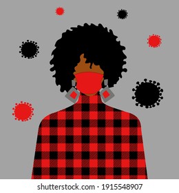 Coronavirus quarantine. 2019-nCoV, woman wearing red medical mask and trendy plaid sweater. Red and black avatar. Modern vector graphics.