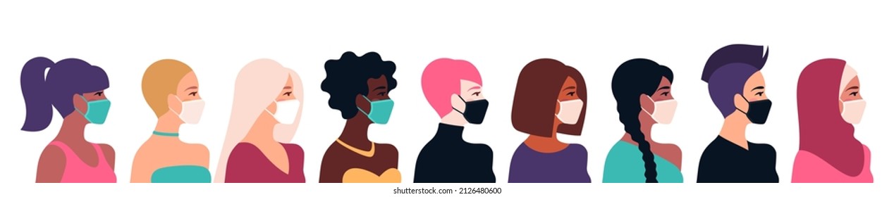 Coronavirus Quarantine Anxiety Concept. Woman Different Cultures Wearing Medical Mask. Vector Illustration. Girl Different Nationalities, Faces Profile. Prevent Disease, Flu, Air Pollution