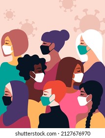 Coronavirus Quarantine Anxiety Concept. Woman Different Cultures Wearing Medical Mask. Vector Illustration. Girl Different Nationalities, Faces Profile. Prevent Disease, Flu, Air Pollution