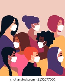 Coronavirus Quarantine Anxiety Concept. Woman Different Cultures Wearing Medical Mask. Vector Illustration. Girl Different Nationalities, Faces Profile. Prevent Disease, Flu, Air Pollution