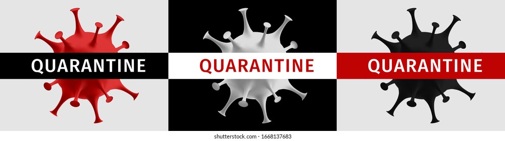 Coronavirus quarantine banner. Protection against dangerous virus. Red coronavirus icon isolated on white background with black stripe mask with text Quarantine. Health Care. 3D vector illustration