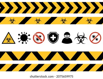 coronavirus quarantine, biohazard symbol, protective tape, epidemic icon set