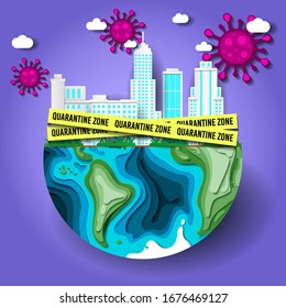 Coronavirus quarantine. City closed for quarantine with covid bacteria in the air. Virus spreading around the world. Corona global risk. Covid-19 paper cut vector. Respiratory infection