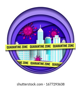 Coronavirus quarantine. City closed for quarantine with covid bacteria in the air. Virus spreading around the world. Corona global risk. Covid-19 paper cut vector. Respiratory infection