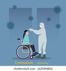 Coronavirus quarantine concept Coronavirus in China. Remote temperature measurement of girls with disabilities. New coronavirus 2019-nKoV, concept of quarantine coronavirus. Vector