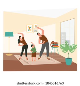 Coronavirus Quarantine Concept. Family Doing Exercises And Yoga, On-line Learning.Woman, Man, Children, Young People Do Sport. Stay At Home. Flat Vector Illustration, Isolated Objects. 