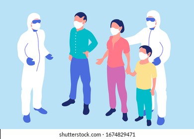 Coronavirus quarantine concept illustration. Isometric health workers in protective clothing with male, female and child in white medical mask. Infection control, pandemic, quarantine. EPS 10.