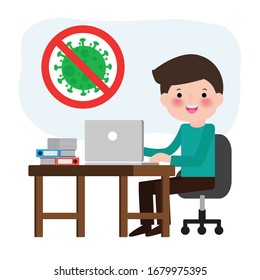 Coronavirus quarantine concept. man working at home. stay at home, male sitting and working on laptop. people with computer. Prevent infection spreading isolated on white background vector