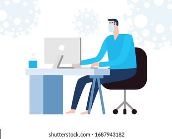 Coronavirus quarantine concept. man working at home. stay at home, male sitting and working on laptop. people with computer. Prevent infection spreading isolated on white background vector
