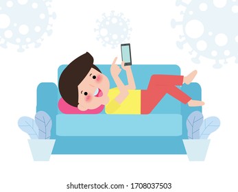 Coronavirus quarantine concept. man working at home. stay at home, male and Smart phone. people with computer. Prevent infection spreading isolated on white background vector illustration