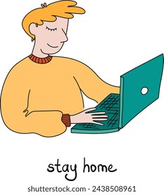 Coronavirus quarantine concept. Man working at home during Covid-19 -self isolation concept. Concept for working, freelancing, studying, education, work from home.