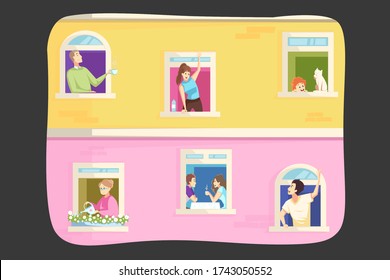 Coronavirus, quarantine concept. Men women people families neighbors in their own houses apartments on 2019ncov lockdown. Stay at home and self isolation during the covid19 outbreak illustration.
