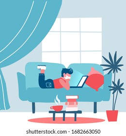 Coronavirus quarantine concept. Small pupil, student working on a laptop at home lying on sofa, online learning for children, study with computer.Prevent infection spreading. Flat vector illustration.