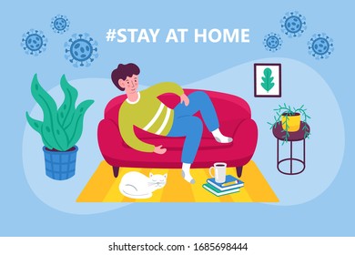 Coronavirus quarantine concept. Stay at home concept. Man sitting on couch. Flat cartoon vector illustration