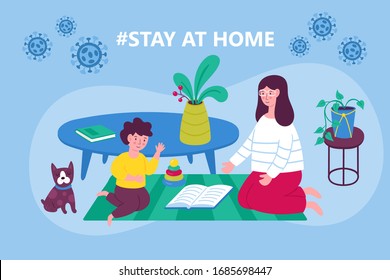 Coronavirus quarantine concept. Stay at home concept. Woman and child playing and reading.  Flat cartoon vector illustration