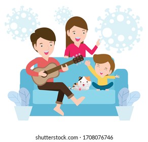 Coronavirus quarantine concept. Stay at home happy family playing Guitar and singing song on couch at home, Prevent infection spreading isolated on white background vector illustration