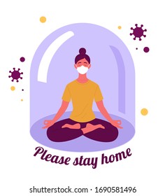 Coronavirus quarantine concept. Vector illustration of a young woman in lotus yoga position with medical mask on her face, sitting under a protective glass bell jar. Isolated on white