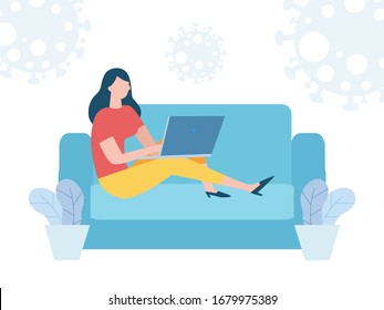 Coronavirus quarantine concept. woman working at home. stay at home, female sitting and working on laptop. people with computer. Prevent infection spreading isolated on white background vector