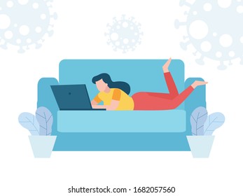 Coronavirus quarantine concept. woman working at home. stay at home, female and working on laptop. people with computer. Prevent infection spreading isolated on white background vector illustration