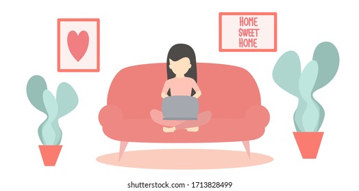 Coronavirus quarantine concept with woman working at home on laptop vector design illustration