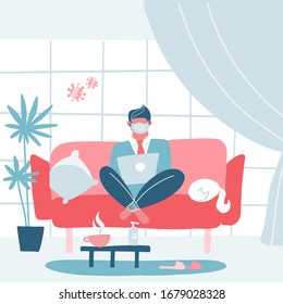 Coronavirus quarantine concept. Working from home. Man sitting on sofa or couch and working on laptop. Modern interior. Flat cartoon vector illustration.