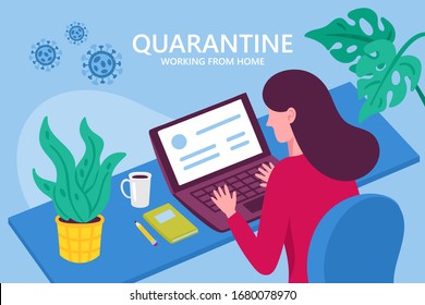 Coronavirus quarantine concept. Working from home. Woman working on laptop. Flat cartoon vector illustration