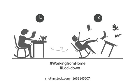 Coronavirus quarantine concept. Working from home. a worker sitting on couch and working on laptop. Flat cartoon vector illustration 