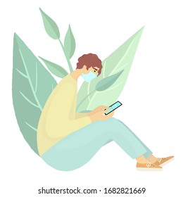 Coronavirus quarantine concept. Young guy sitting alone with smartphone. Man in a medical mask checking your phone. Vector flat illustration.