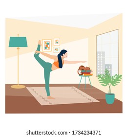 Coronavirus quarantine concept. Young woman doing yoga exercise on the carpet. Stay at home. Flat vector illustration, isolated objects. 