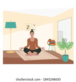 Coronavirus quarantine concept. Young woman in lotus yoga position sitting on the carpet. Stay at home. Flat vector illustration, isolated objects. 