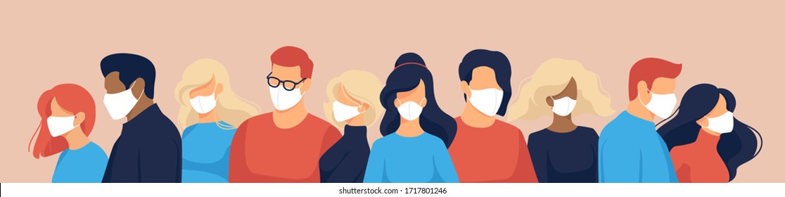 Coronavirus quarantine, covid-19 (2019-nCoV). Group of people in white medical face masks to prevent disease, flu, air pollution, contaminated air, world pollution. Flat vector illustration concept