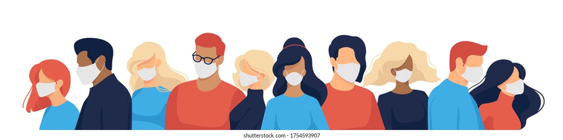 Coronavirus-Quarantäne, Covid-19 (2019-nCoV). Gruppe von Leuten in weißen medizinischen Gesichtsmasken zur Vorbeugung von Krankheiten, Grippe, Luftverschmutzung, kontaminierte Luft, Weltverschmutzung. Flaches Vektorgrafik-Konzept