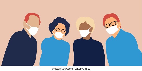 Coronavirus quarantine, covid-19 (2019-nCoV). Group of people in white medical face masks to prevent disease, flu, air pollution, contaminated air, world pollution. Flat vector illustration concept