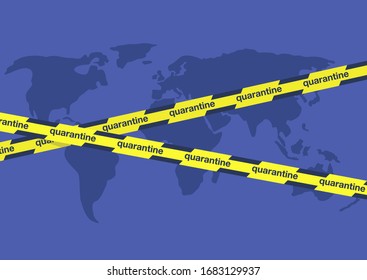 Coronavirus quarantine, crossed yellow tape, closed borders, world map