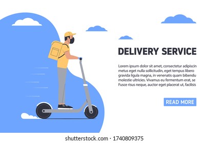 Coronavirus, quarantine delivery concept. Courier in medical mask on a scooter. Express delivery. Vector illustration