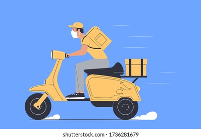 Coronavirus, quarantine delivery. Courier in medical mask on a scooter. Express delivery. Vector illustration