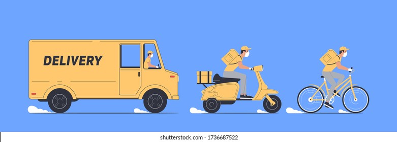 Coronavirus, quarantine delivery. Courier in a medical mask. Express delivery by truck, scooter, bicycle. Vector illustration