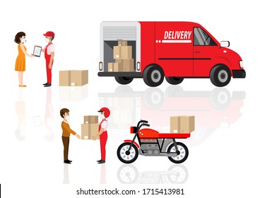 Coronavirus, quarantine delivery. Online order and product express or parcel delivery concept. Courier with medical, protective, respiratory mask driving bicycle and car. Vector illustration 