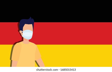 Coronavirus quarantine design for Germany. Boy wearing health mask for virus and illnesses in front of German flag.