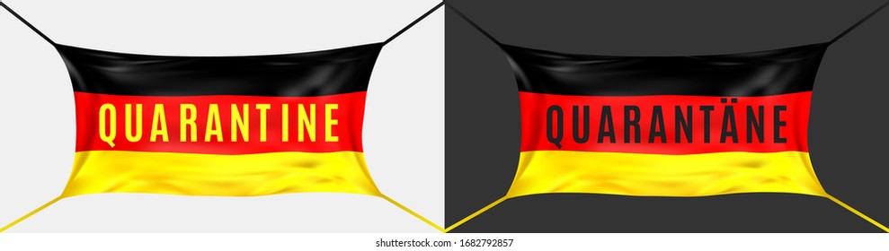 Coronavirus Quarantine Germany. Text in English and German. Protective mask against Covid-19 in form of German flag. Concept of struggle for life of Germany. German people support. Vector illustration