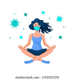 Coronavirus quarantine illustration concept. Young beautiful woman doing yoga meditation in medical mask .Corona virus self-quarantine. Isolation period at home. Isolated on white background