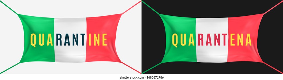 Coronavirus quarantine italy. Text in English and Italian. Protective mask in the form of flag of Italy from covid-19. Fight for life Italy concept. Support for the italian people. Vector illustration