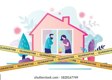 Coronavirus quarantine or lockdown banner. House exterior. Relationship problem, Domestic violence, wife and husband ready to fight. Yellow warning tapes. Health care concept. Flat vector illustration