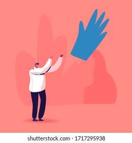 Coronavirus Quarantine Lockdown End Concept. Happy Male Character Throw in Air Huge Medical Glove Celebrate Covid19 Pandemic Finish. Happiness, Freedom, Victory on Covid19. Cartoon Vector Illustration