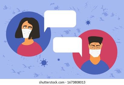 Coronavirus quarantine. Man and woman in white medical face mask icons. Friends or family members in prevention masks have a distant  tallk about medical test. 2019-nCov pandemic. Vector flat