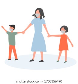 Coronavirus quarantine mask family. 
Mom and children are walking on the street. Face pollution mask. Cartoon flat vector illustrations.