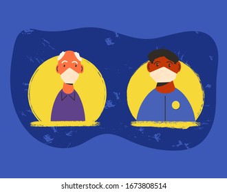 Coronavirus quarantine. Mature and young men in white medical face mask icons. Family members in prevention masks have a distant  tallk about medical test. 2019-nCov pandemic. Vector flat illustration